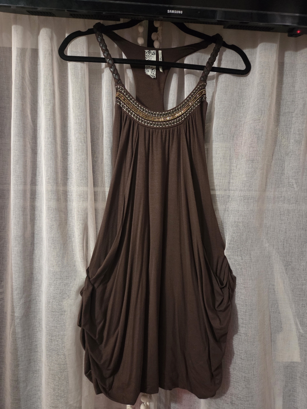 Guess Brown One-Shoulder Beaded Dress